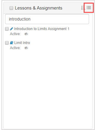 With search box and search results in the Lessons and Assignments pane, the List icon is highlighted at the top right. 